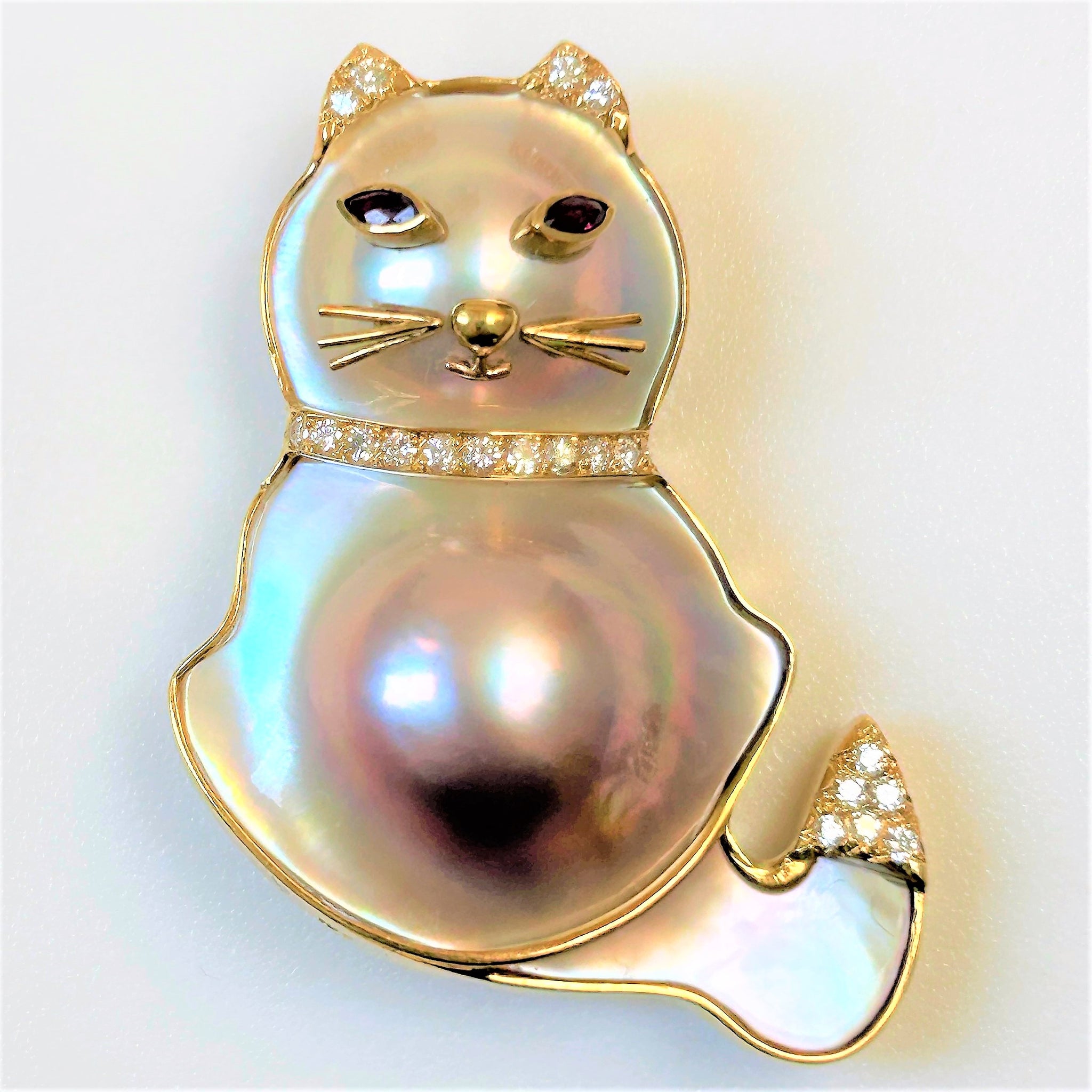 Vintage 18ct Gold, Pearl, Ruby and Diamond “Cat” Brooch