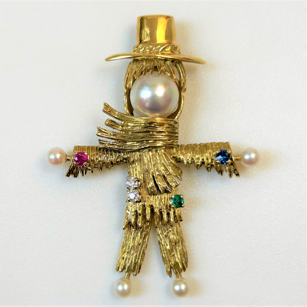 Vintage 18ct Gold, Pearl, Ruby, Sapphire and Diamond “Scarecrow” Brooch Pendant