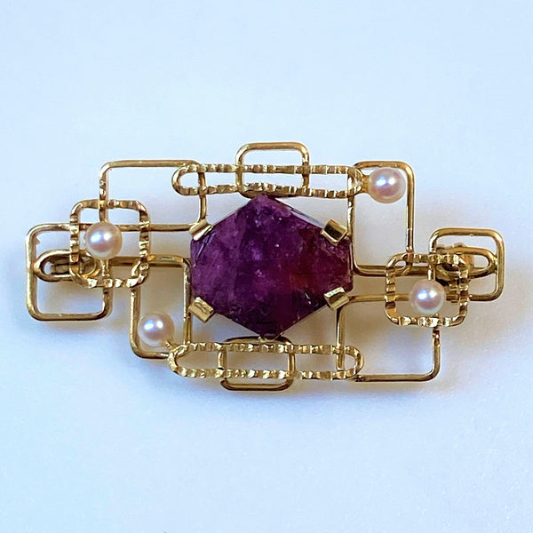 Vintage 14ct Gold, Ruby and Pearl Brooch