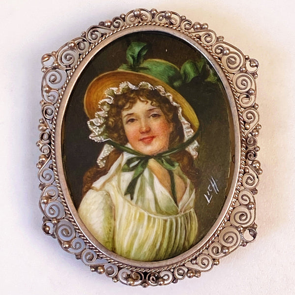 Antique Silver Brooch with Hand-painted Miniature of a Lady