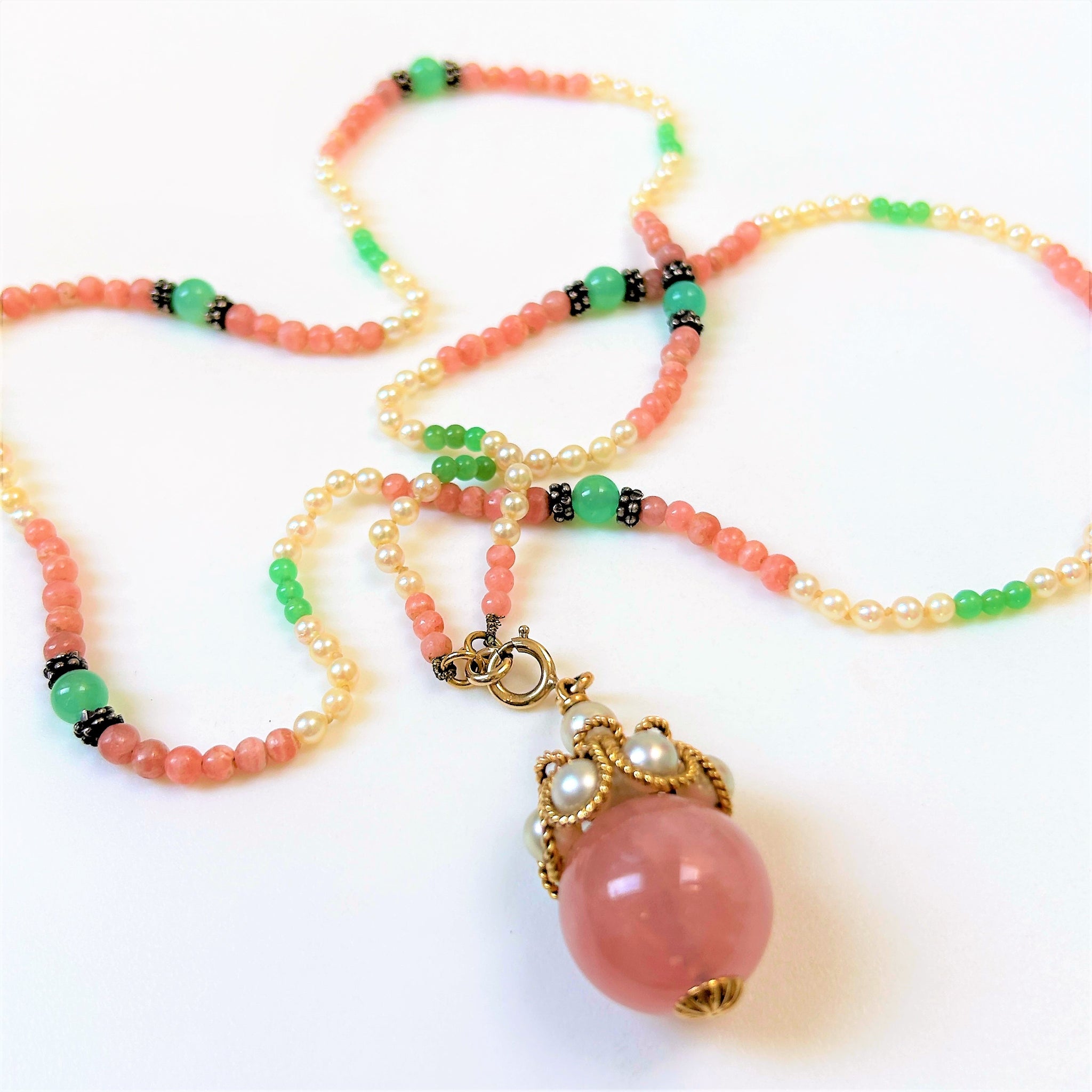 18ct Gold, Rose Quartz, Pearl and Aventurine Pendant Necklace