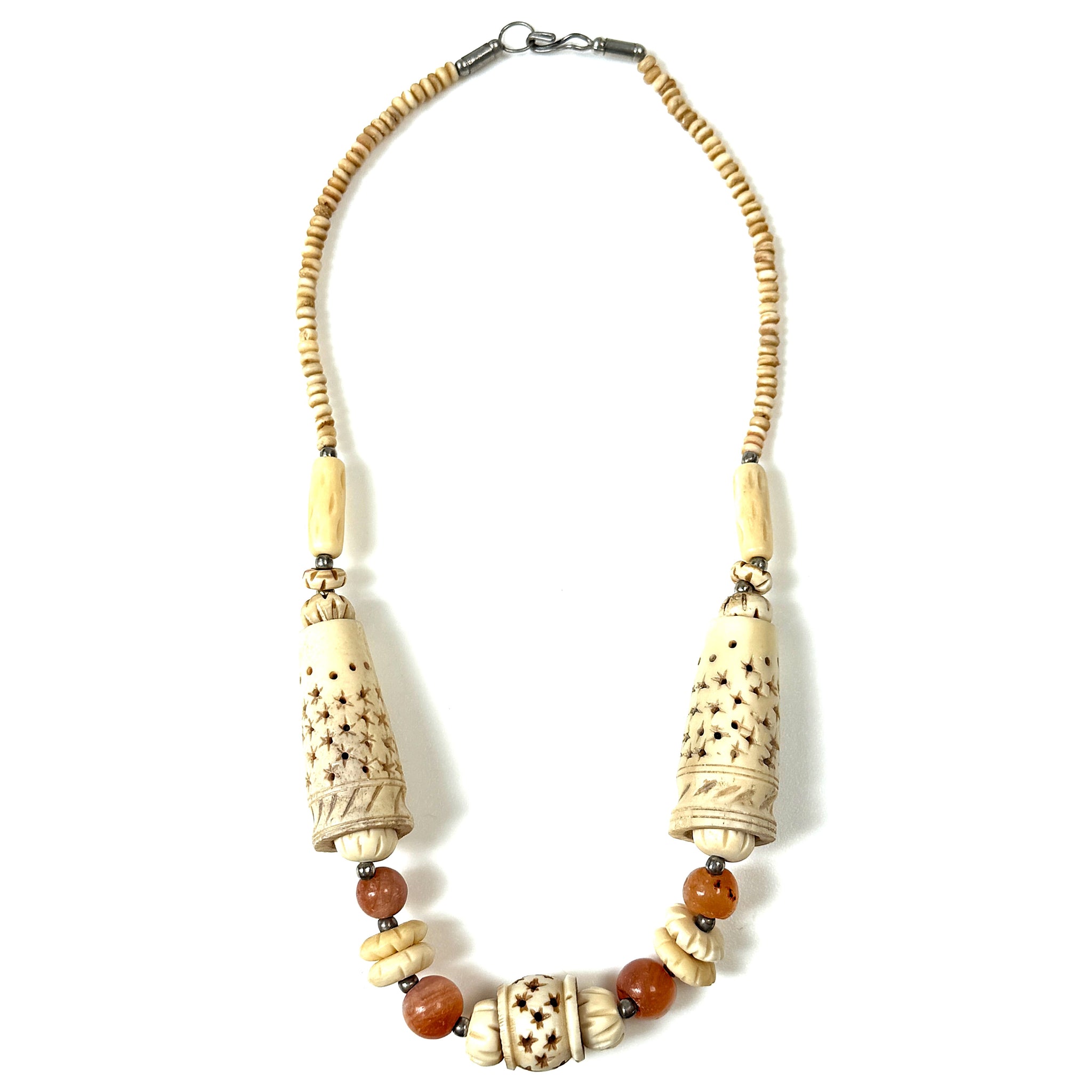 African Carved Bone and Carnelian Necklace
