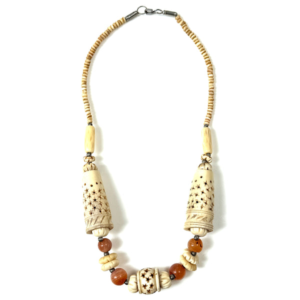 African Carved Bone and Carnelian Necklace