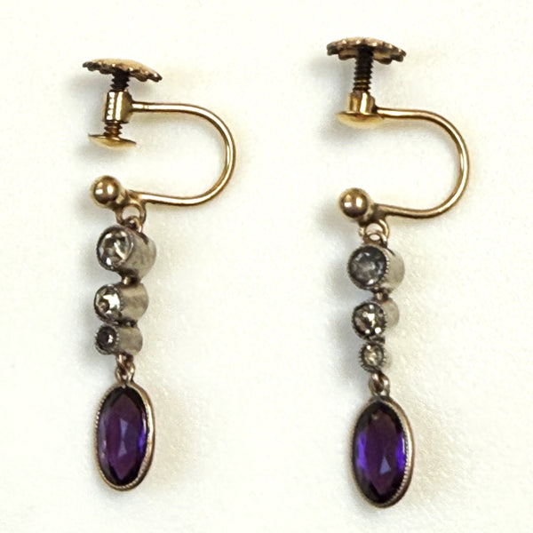 Vintage Rolled Gold, Silver and Crystal Screw-on Drop Earrings