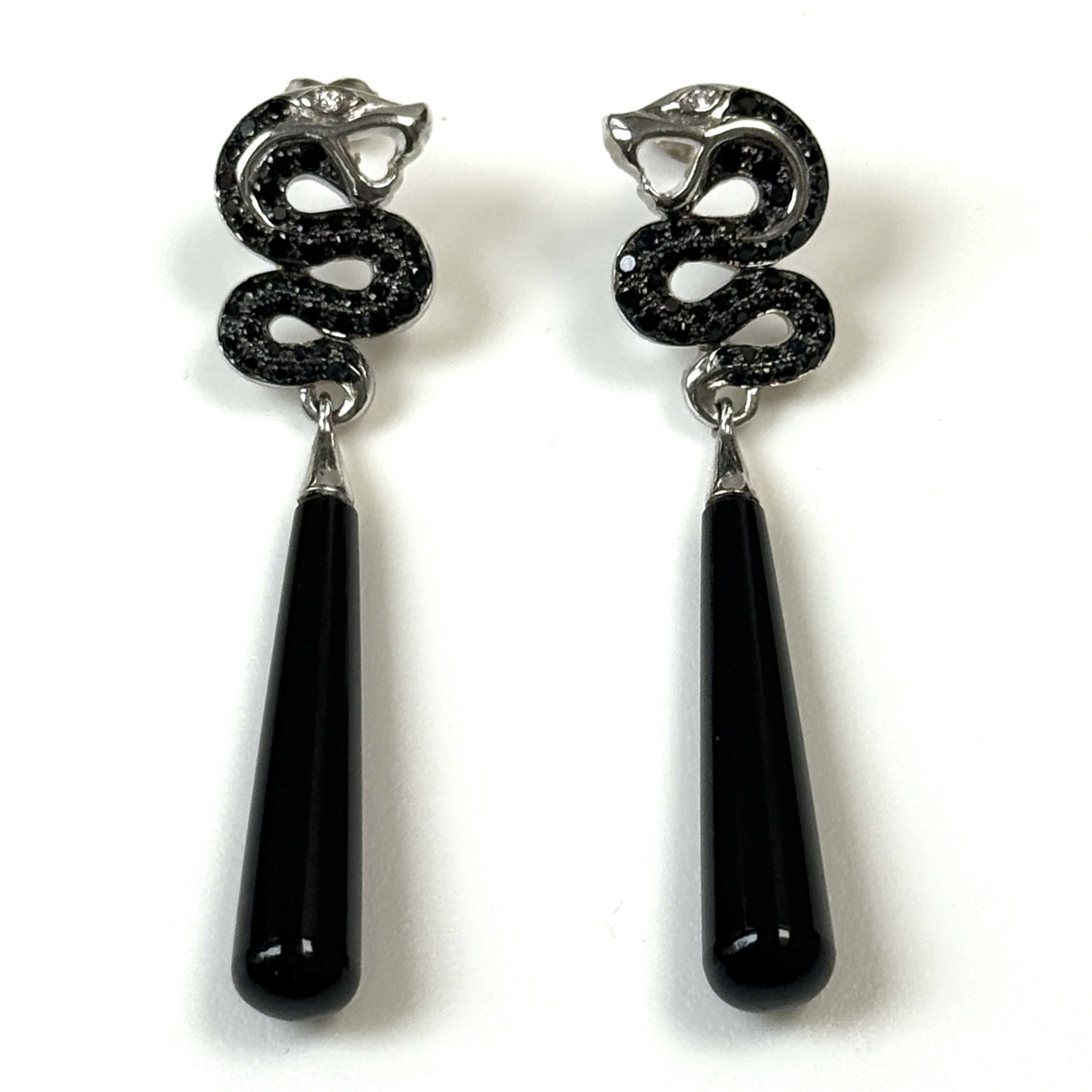 Sterling Silver, Black Spinel and Diamond “Serpent” Drop Earrings