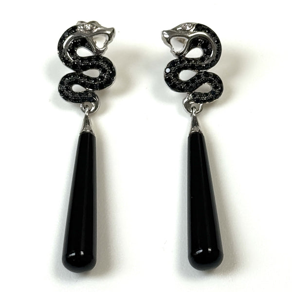Sterling Silver, Black Spinel and Diamond “Serpent” Drop Earrings