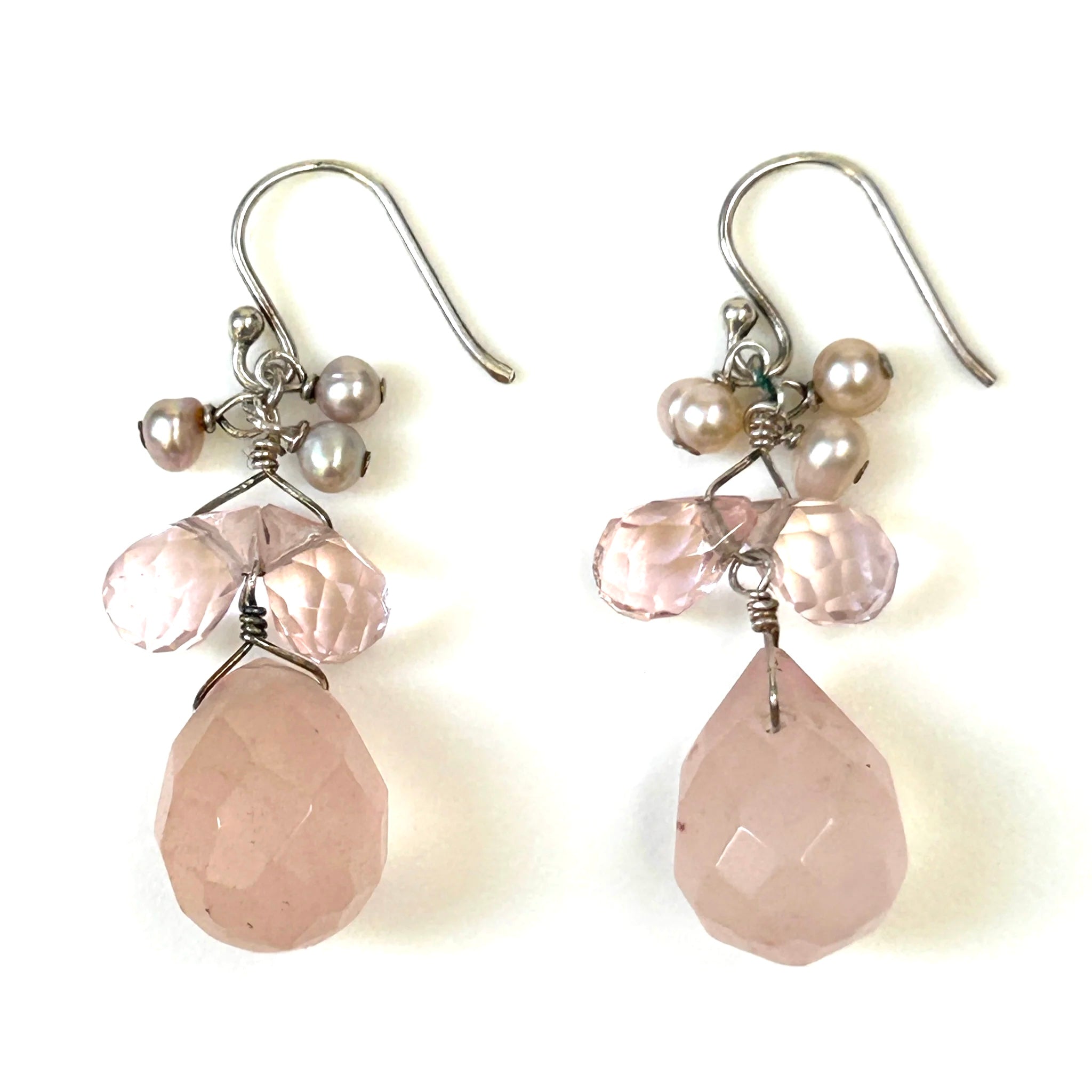 Sterling Silver, Rose Quartz and Pearl Drop Earrings