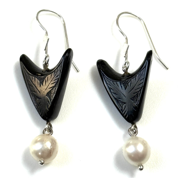 Sterling Silver, Carved Jet and Pearl Drop Earrings