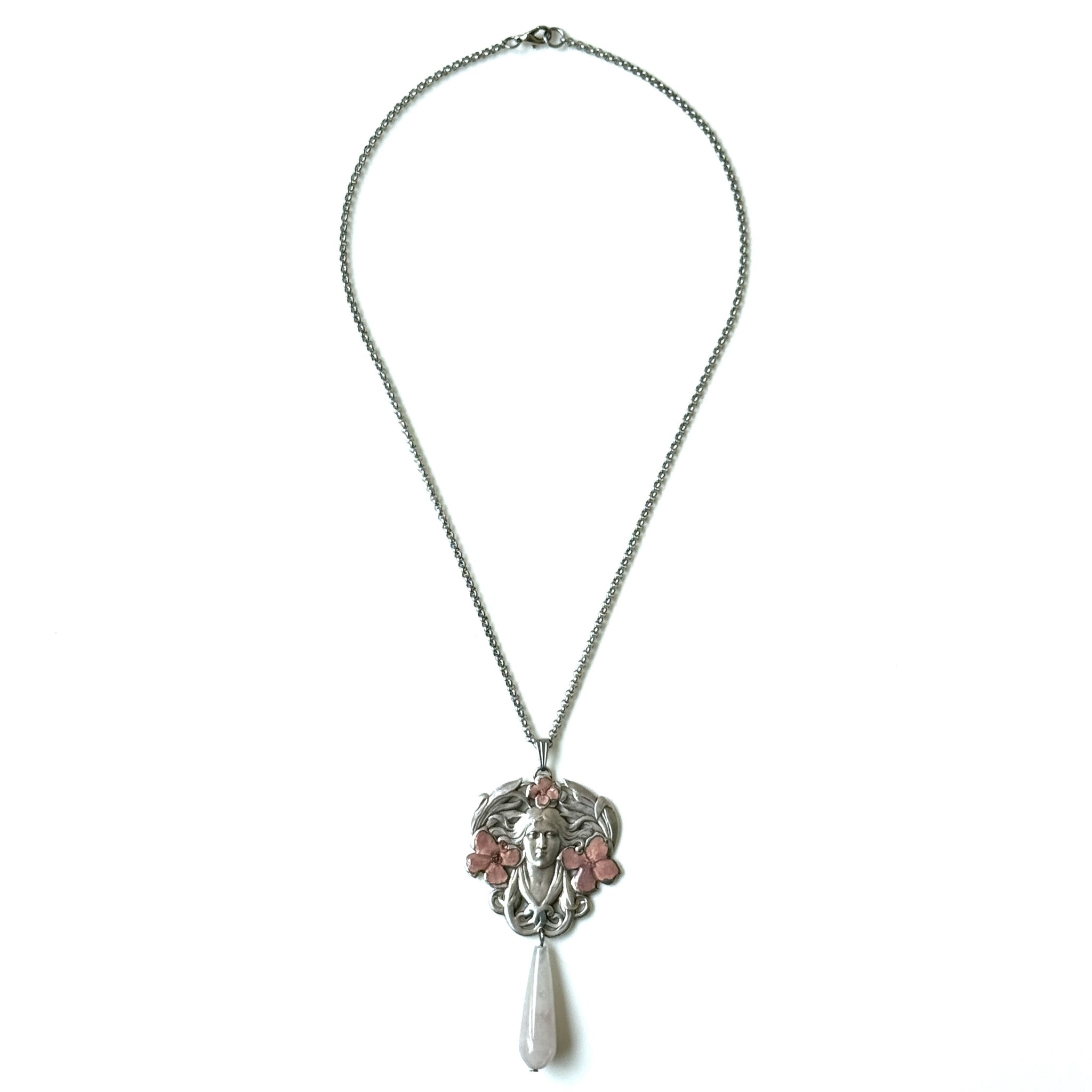 Art Nouveau-Style Silver and Rose Quartz Pendant Necklace