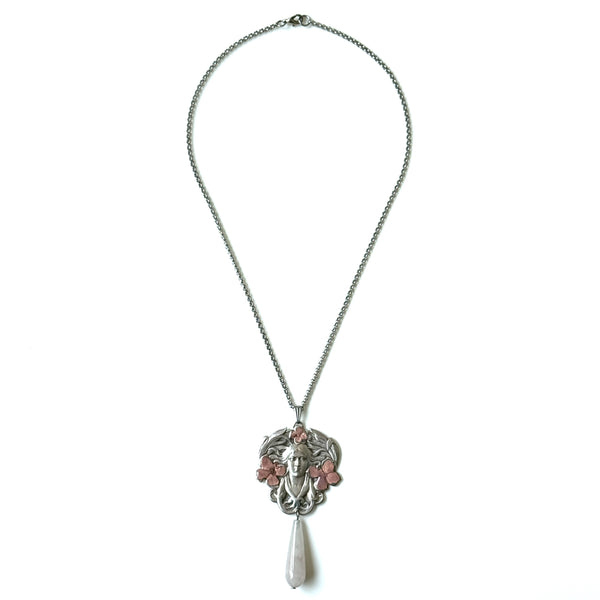 Art Nouveau-Style Silver and Rose Quartz Pendant Necklace