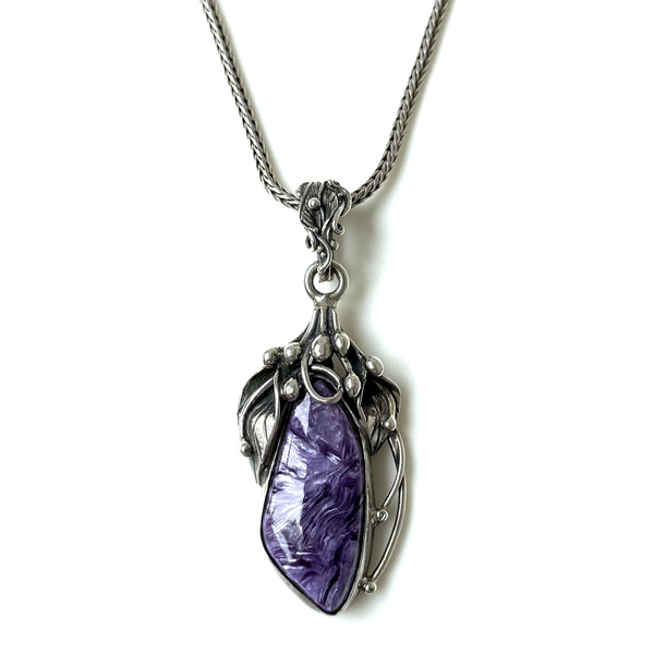 Art Nouveau-Style Silver and Charoite Pendant Necklace
