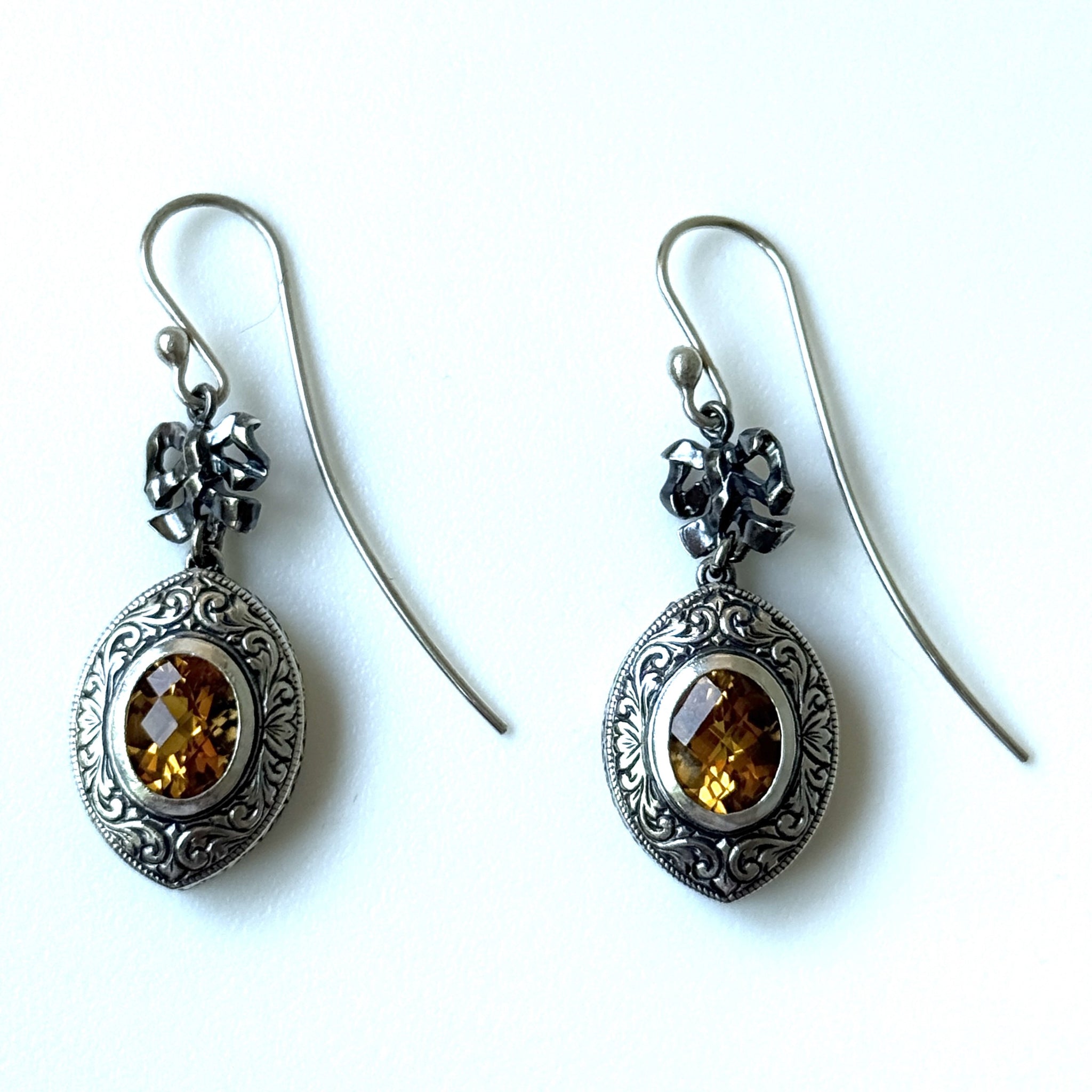 Partially Oxidised Silver and Citrine Drop Earrings