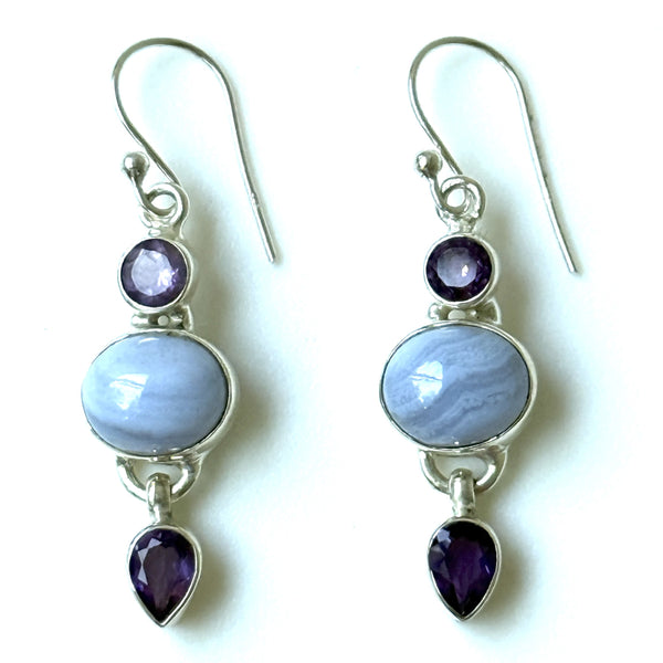 Sterling Silver, Chalcedony and Amethyst Drop Earrings