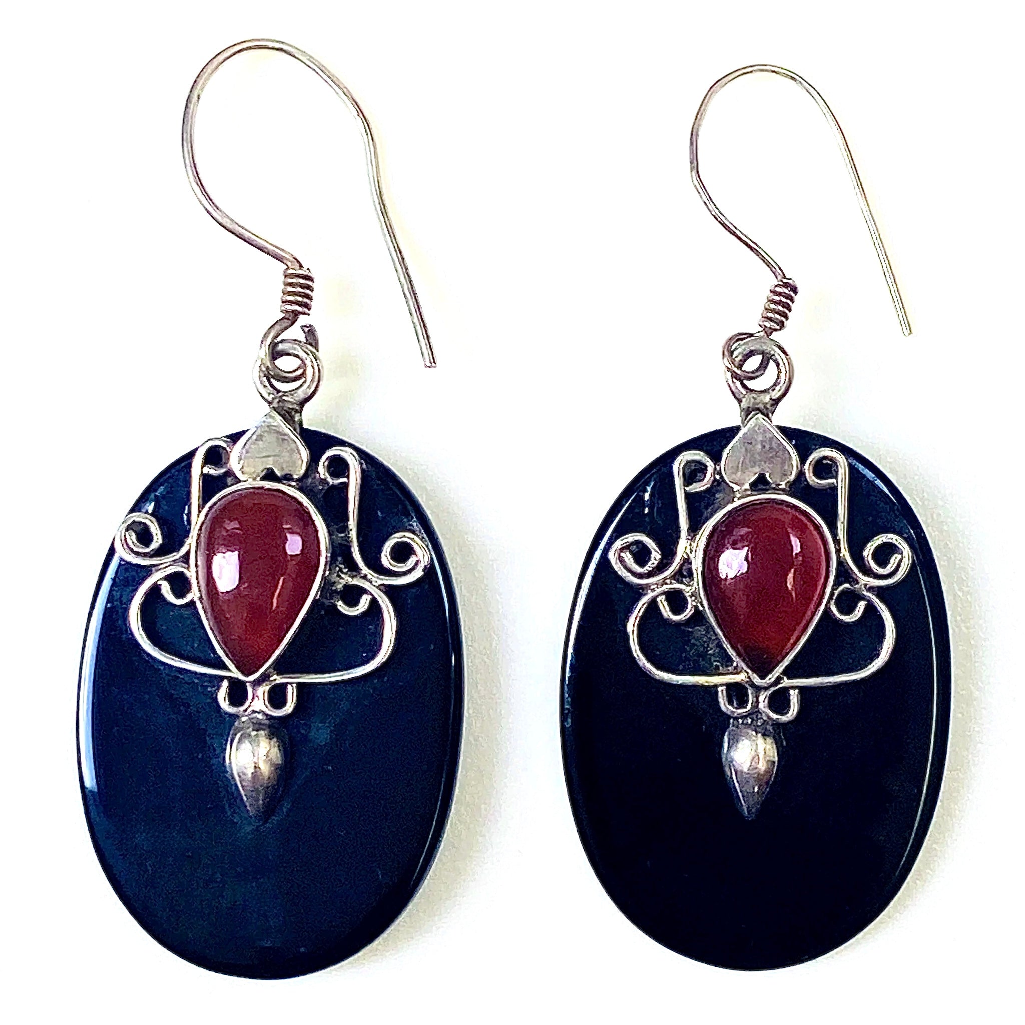 Sterling Silver, Carnelian and Onyx Drop Earrings