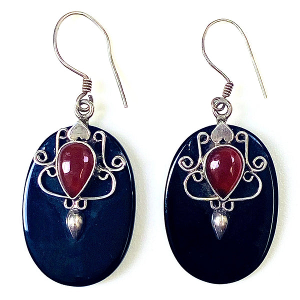 Sterling Silver, Carnelian and Onyx Drop Earrings