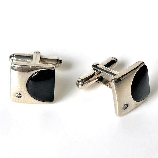 Sterling Silver, Onyx and Cubic Zirconia Cufflinks