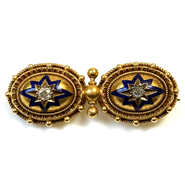 Antique 19th Century 18ct Yellow Gold, Blue Enamel and Diamond Brooch