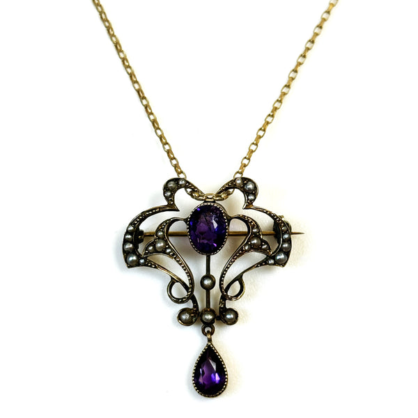 Art Nouveau 9ct Gold, Amethyst and Pearl Pendant Necklace