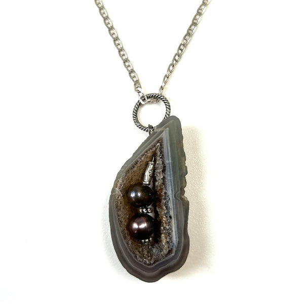 Sterling Silver Necklace with Geode and Pearl Pendant