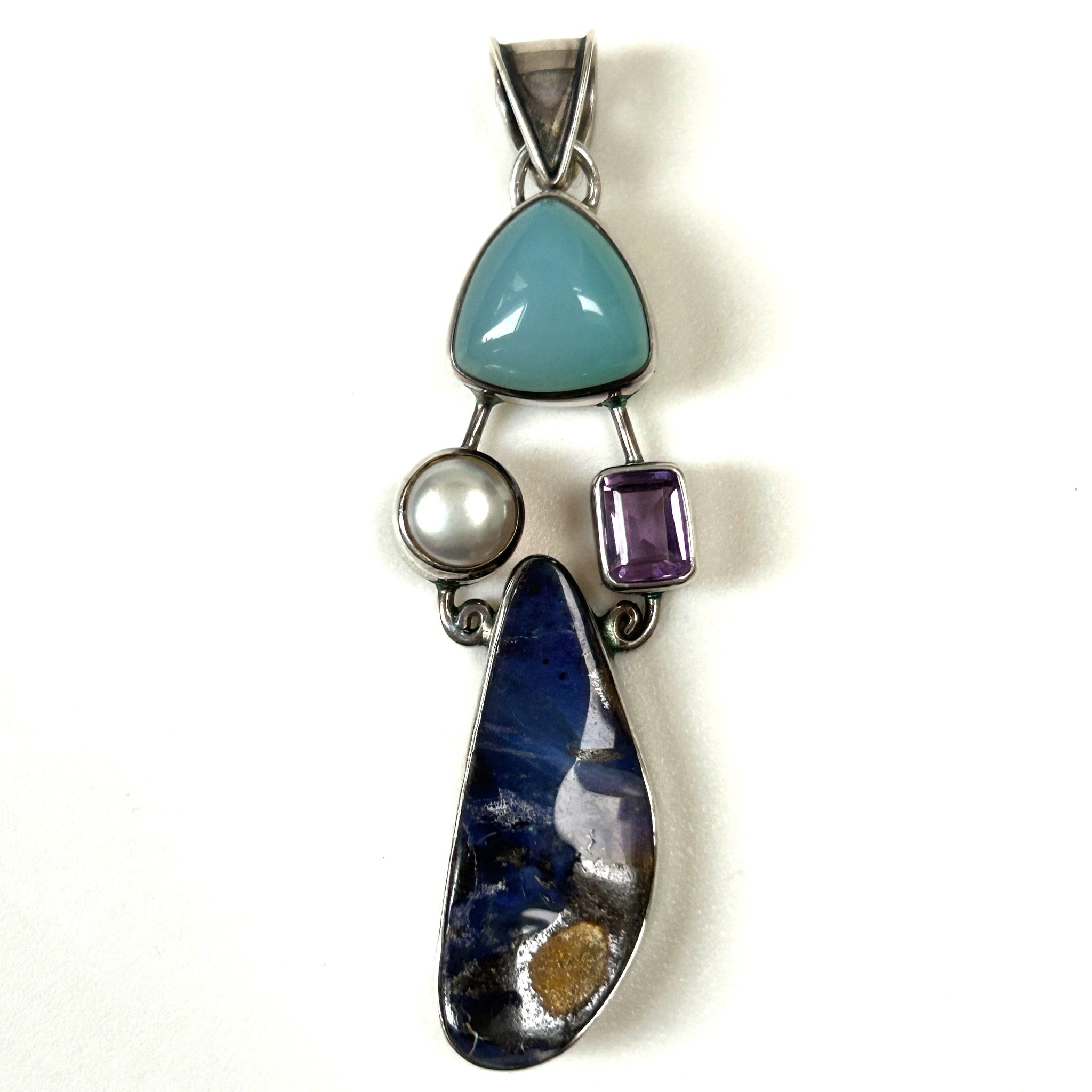 Large Silver, Chalcedony, Pearl, Pink Sapphire, and Amethyst Pendant