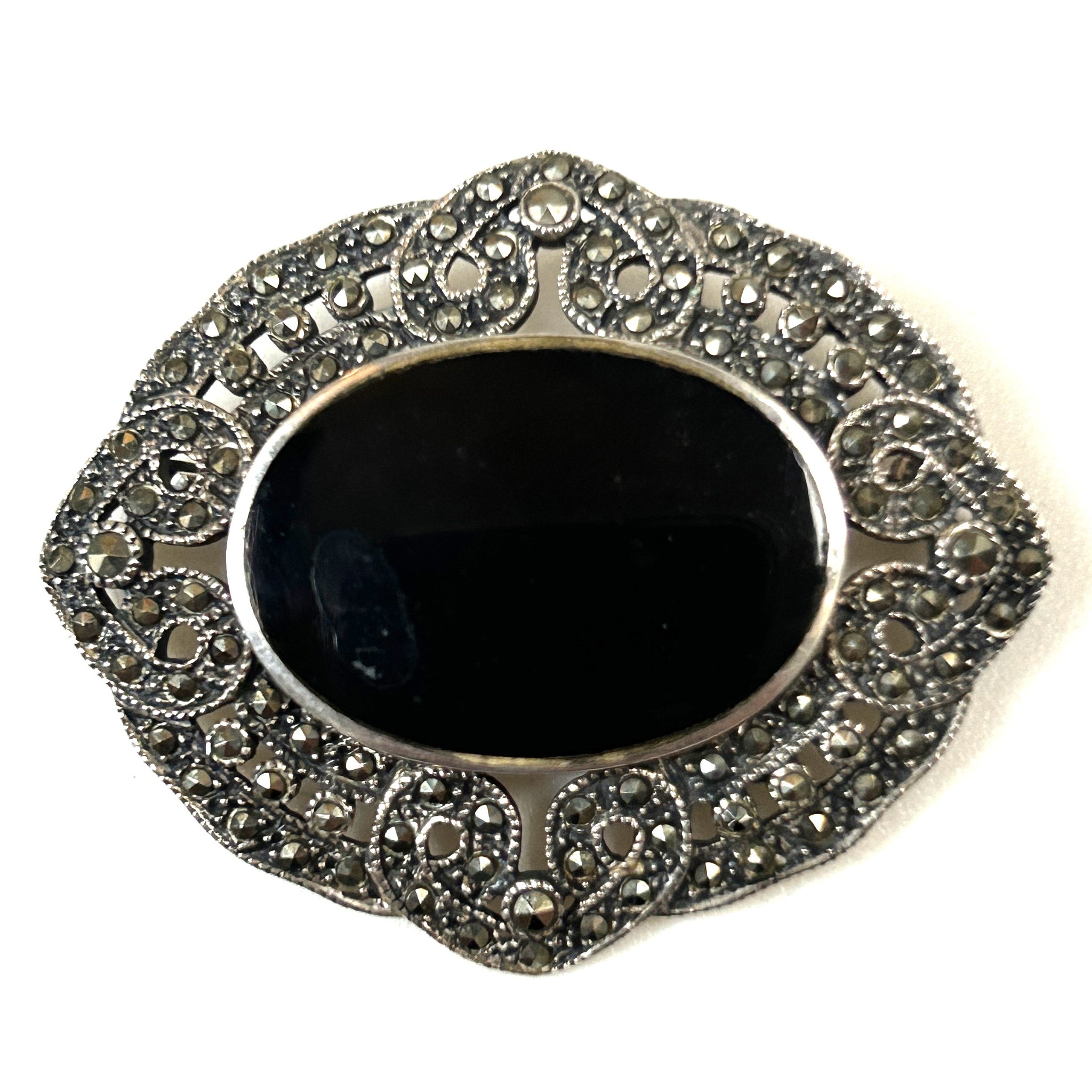 Vintage Silver, Marcasite and Onyx Brooch