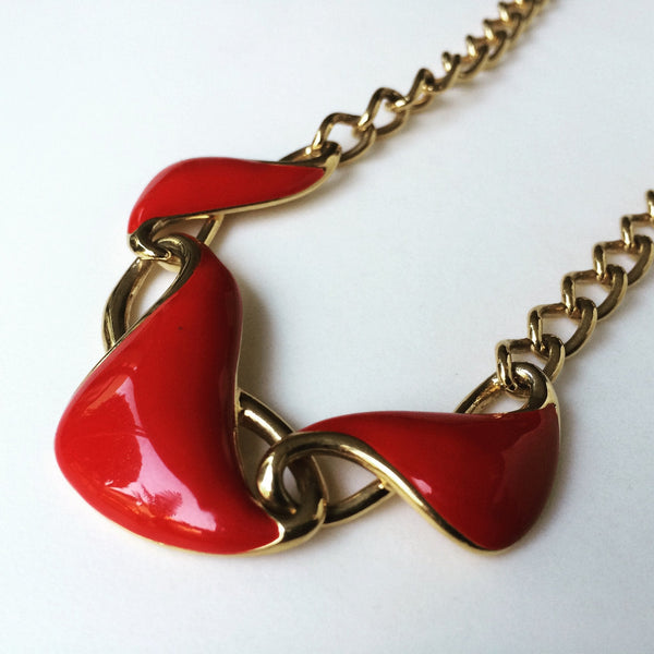 Vintage Goldtone and Red Enamel Necklace by Monet