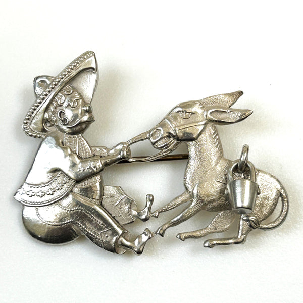 Vintage Silver “Mexican with Donkey” Brooch by Candida