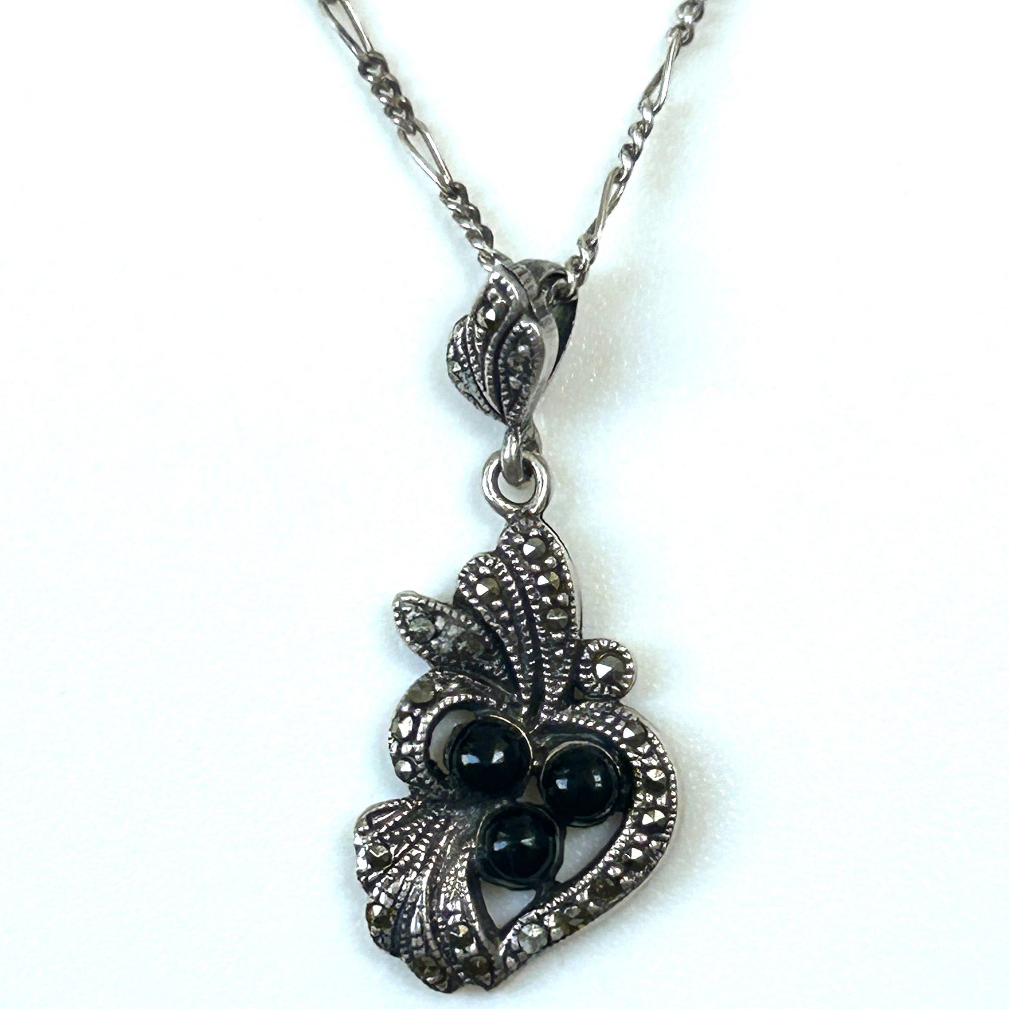 Sterling Silver, Onyx and Marcasite Necklace