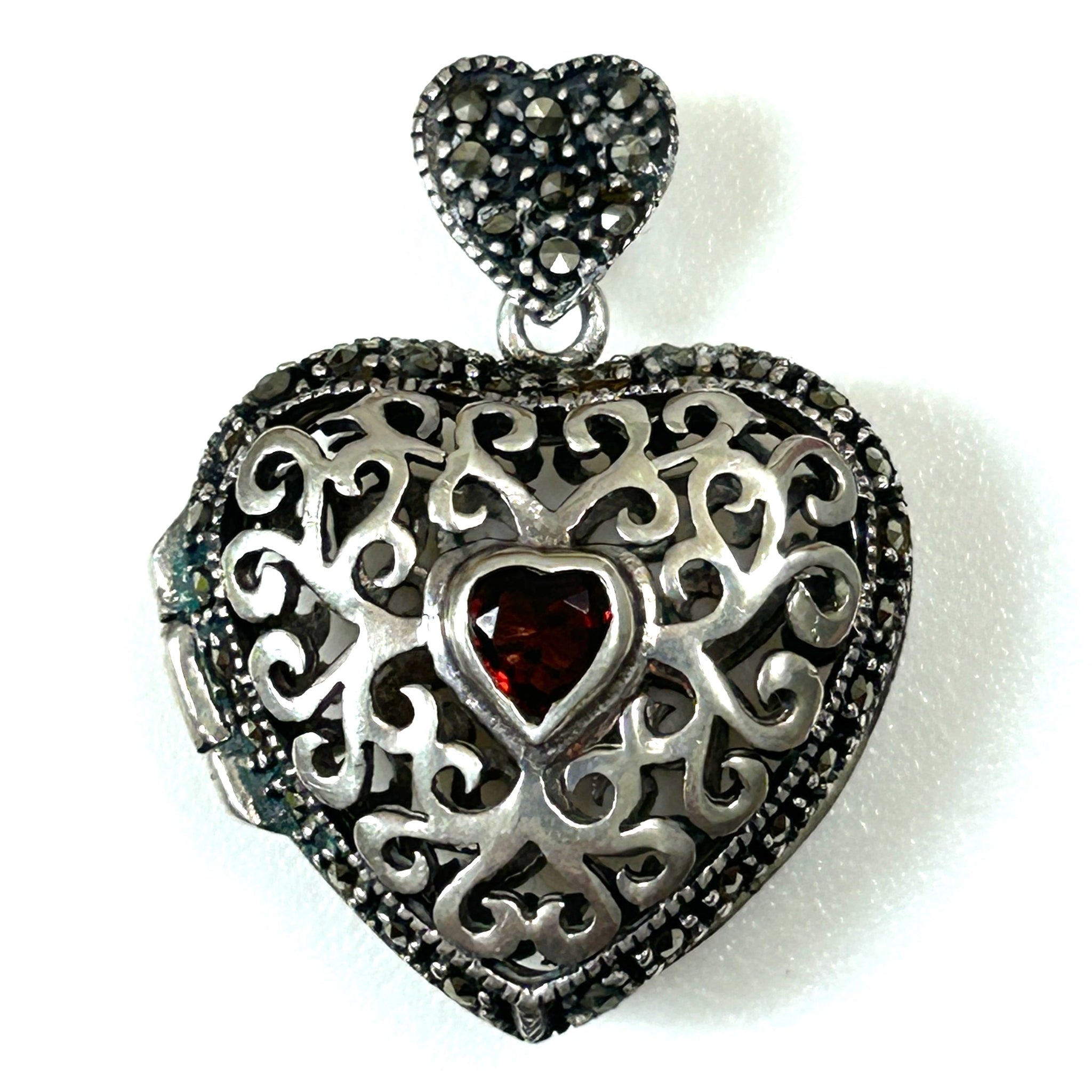 Silver, Garnet and Marcasite “Heart” Locket Pendant