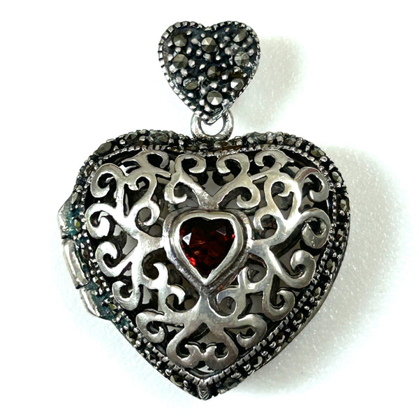 Silver, Garnet and Marcasite “Heart” Locket Pendant
