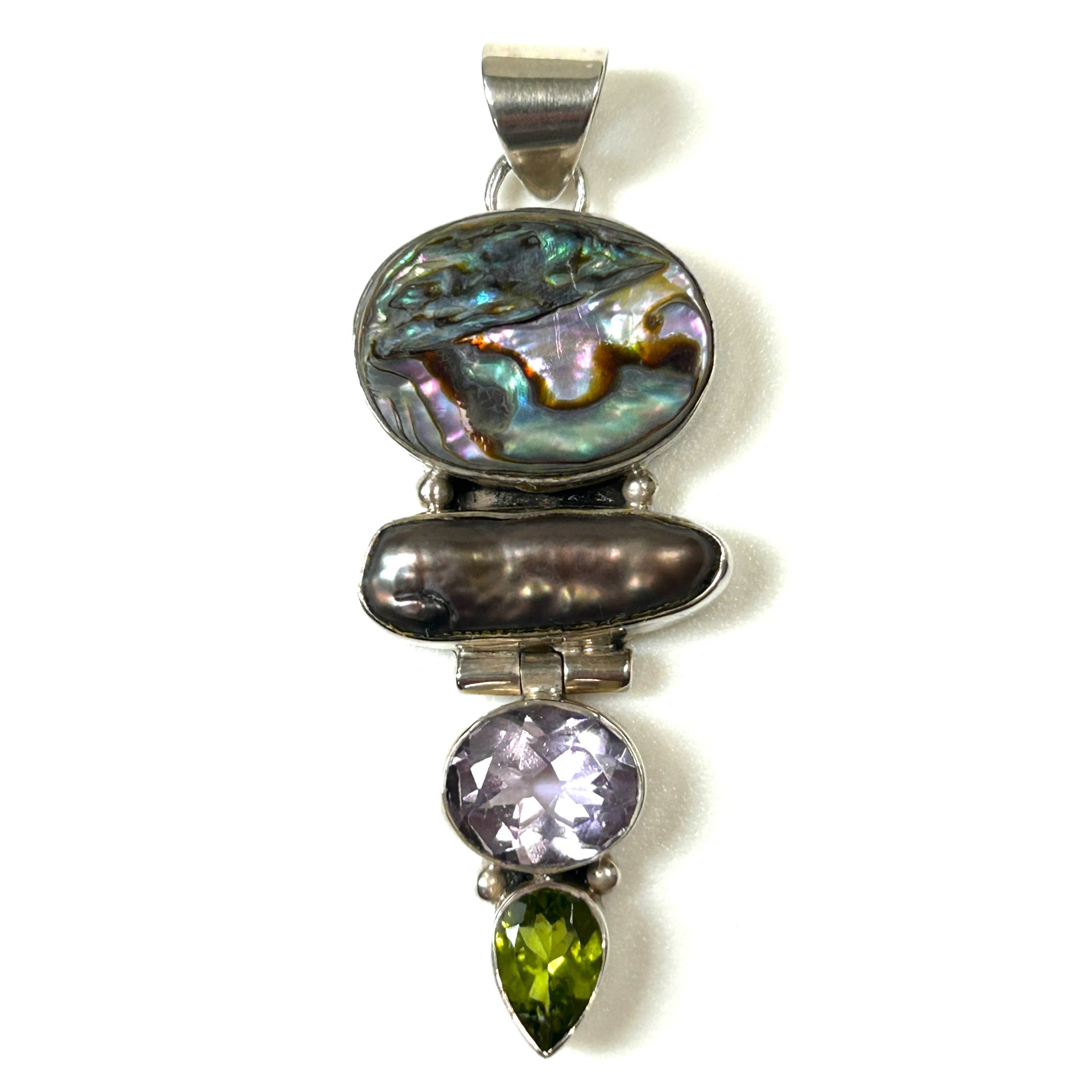 Large Silver, Mother-of-Pearl, Pearl, Rose Quartz and Peridot Pendant