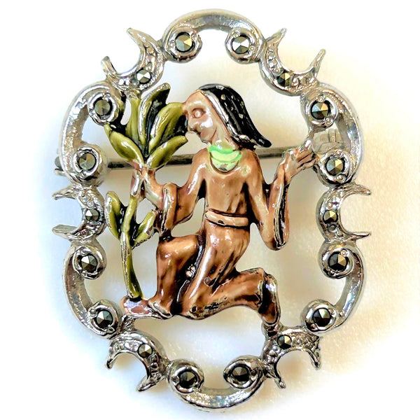 White Metal, Enamel and Marcasite “Virgo” Brooch