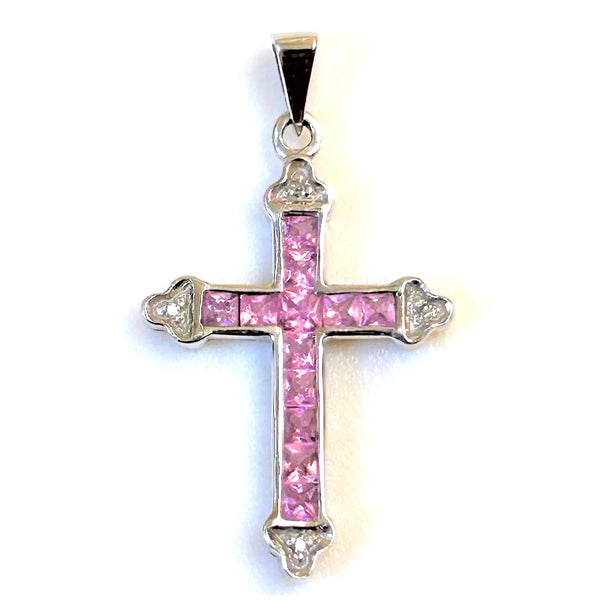 9ct White Gold, Diamond and Pink Sapphire “Cross” Pendant