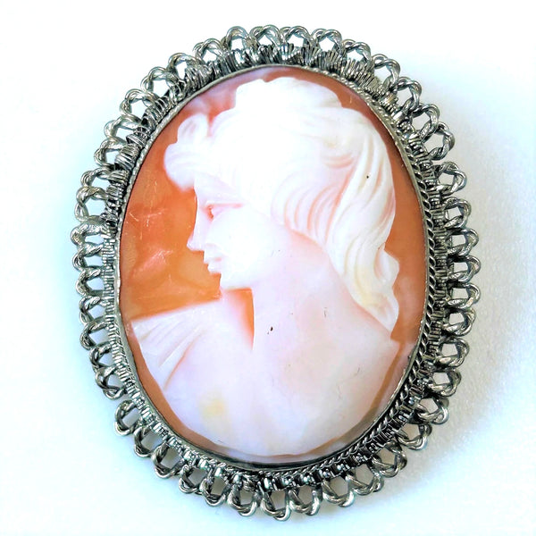 Vintage White Metal and Shell Cameo Pendant Brooch