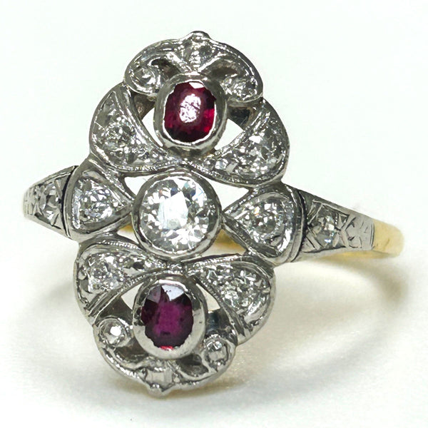 Art Deco 18ct Yellow Gold, Platinum, Diamond and Ruby Ring