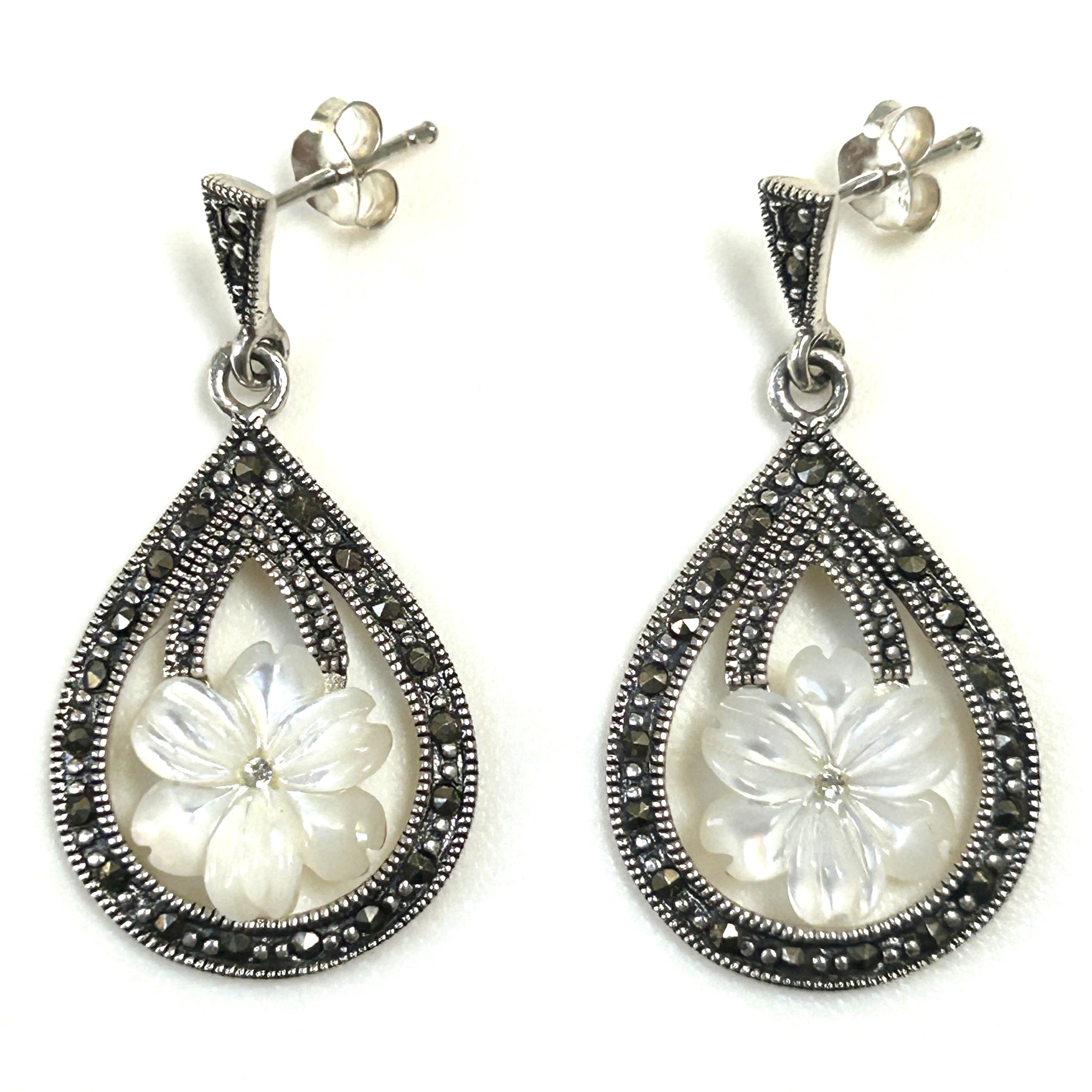 Silver, Mother-of-Pearl, and Marcasite “Flower” Drop Earrings
