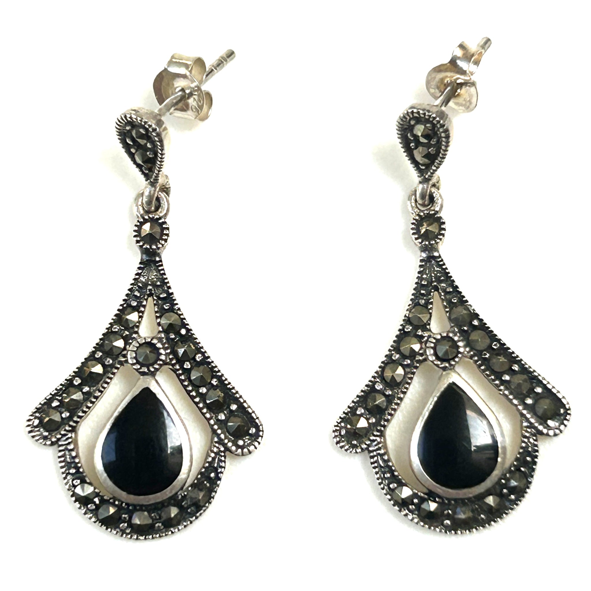 Sterling Silver, Onyx, and Marcasite Earrings