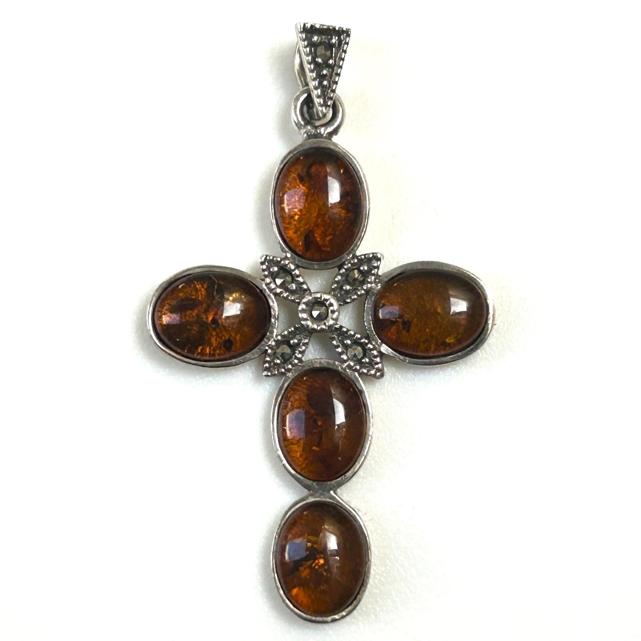Sterling Silver, Marcasite and Amber “Cross” Pendant