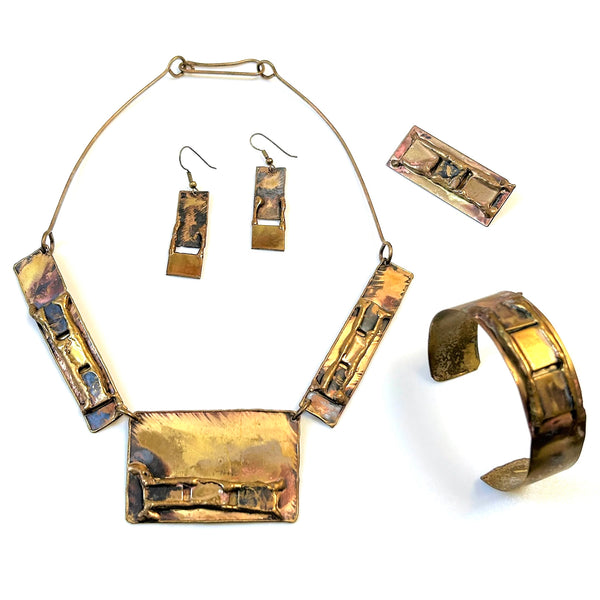 Hand-Made Yellow Metal Necklace, Bracelet, Brooch and Earring Set