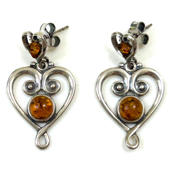 Sterling Silver and Amber “Heart” Drop Earrings