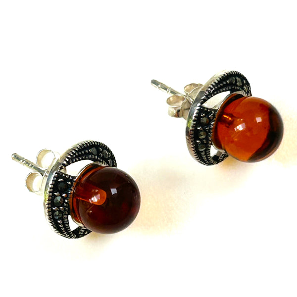 Sterling Silver, Amber and Marcasite Stud Earrings