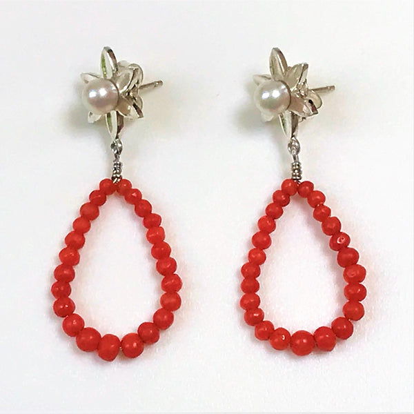 Sterling Silver, Coral and Pearl Drop Earrings