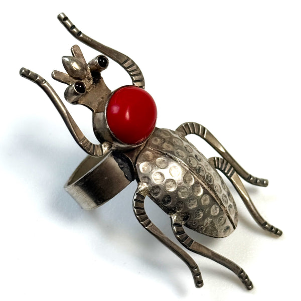 Large Vintage Sterling Silver, Coral and Ruby “Insect” Ring