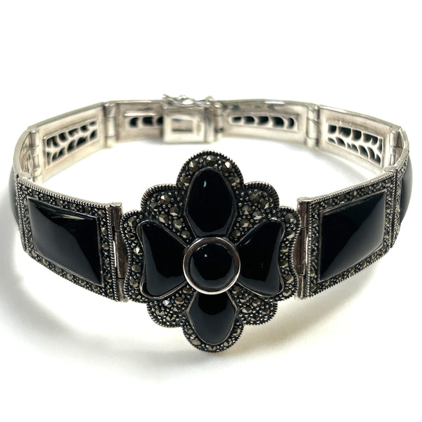 Sterling Silver, Onyx and Marcasite Bracelet