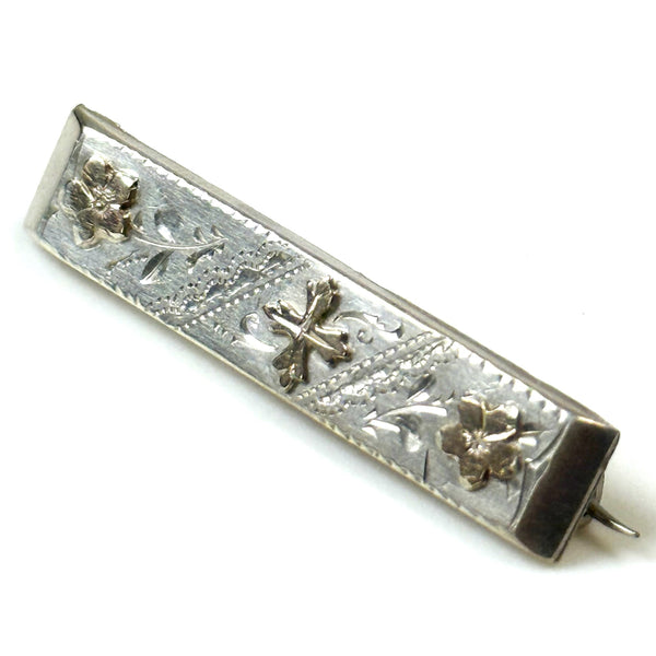 Petite Antique Sterling Silver and Yellow Gold Brooch