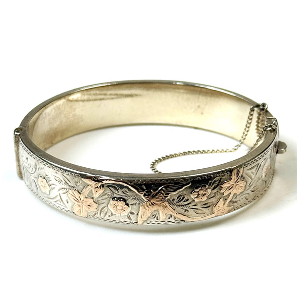 Vintage Sterling Silver and Yellow Gold Hinged Bangle Bracelet