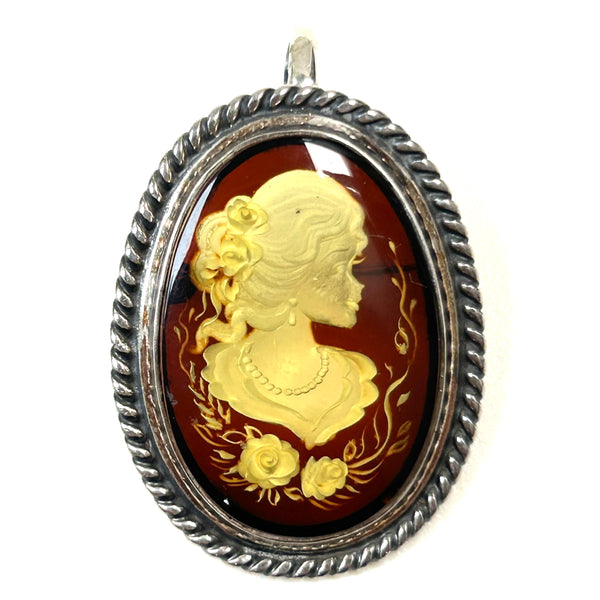 Sterling Silver and Amber Intaglio Carved Brooch