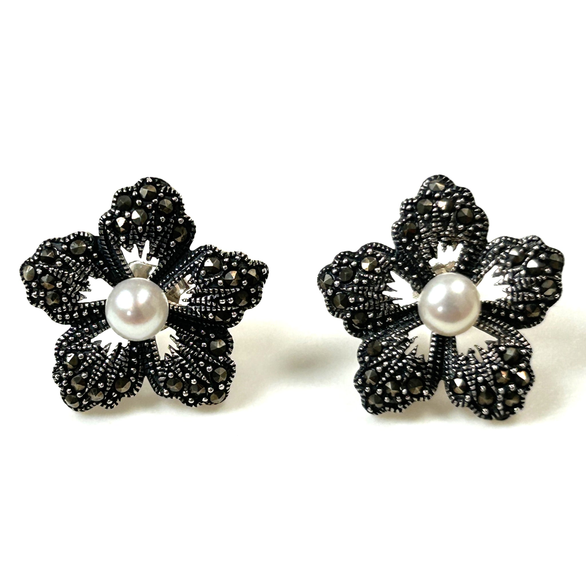Sterling Silver, Pearl and Marcasite “Flower” Stud Earrings