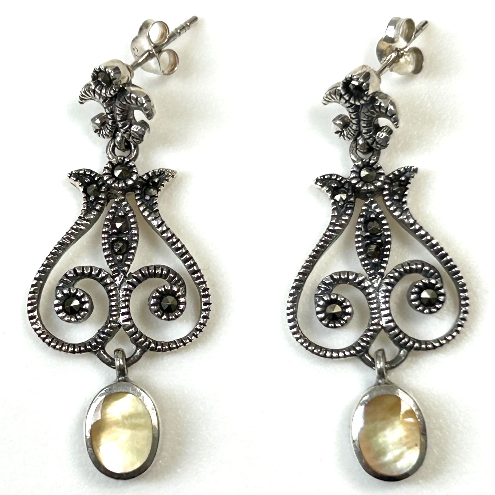 Sterling Silver, MOP, and Marcasite Drop Earrings