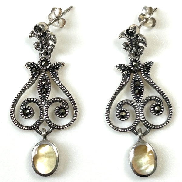 Sterling Silver, MOP, and Marcasite Drop Earrings